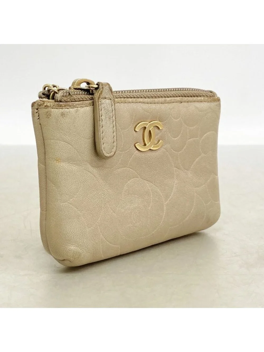 Chanel Coin Purse Camellia Lambskin Beige Gold